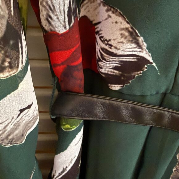 eShakti Green Floral Fit & Flare Dress Ruffle Faux Leather Belt 1X Dark Romantic - Picture 15 of 16